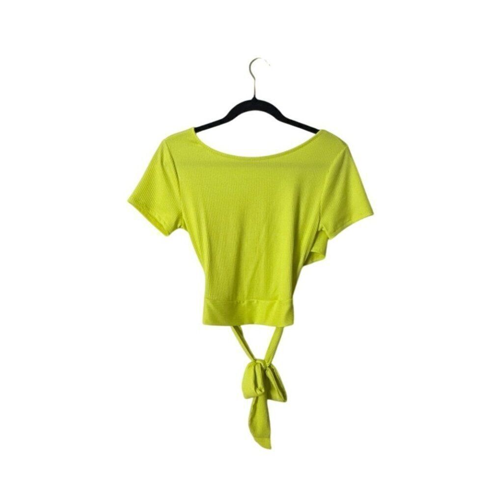 Lime Green LUSH Womens Wrap Tie Top Ribbed Short Sleeve M